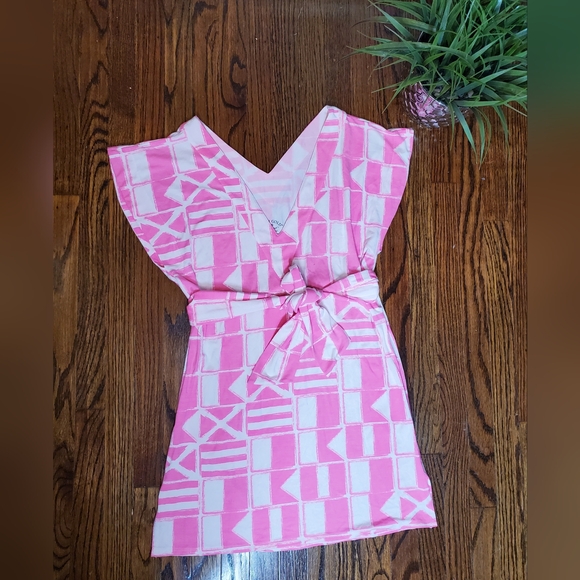 Mahi Gold NWOT Womens Paradise Pink & White Geometric V- Neck Mini Dress Sz